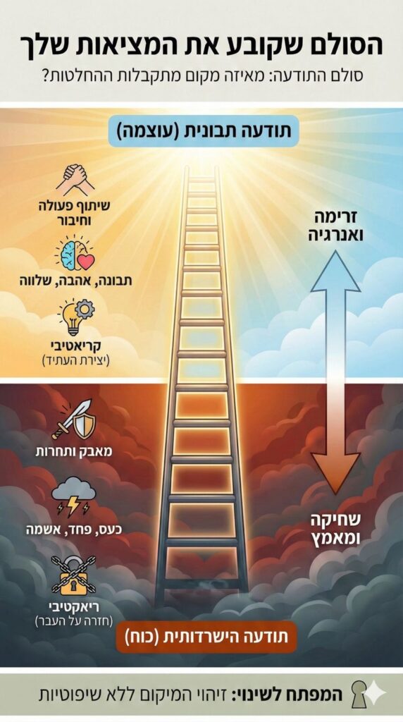 אינפוגרפיה מסכמת לשיעור 4 בתוכנית 'ההצלחה מתחילה מבפנים'. התמונה מציגה ויזואלית את מודל סולם התודעה של דייוויד הוקינס ומחלקת אותו לשני אזורים מרכזיים: