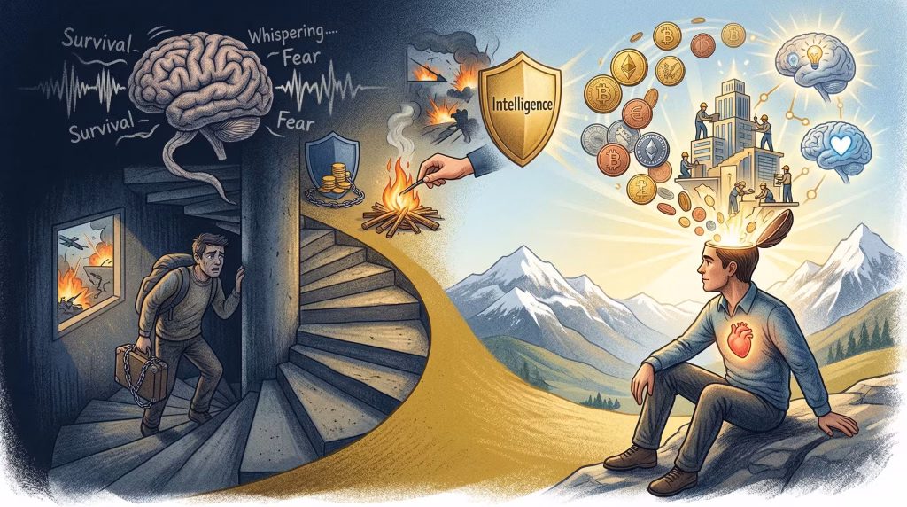 איור של שני אנשים אחד עולה במדרגות מצב הישרדות צד שני יושב על ההרים עם אפשרויות רבות.